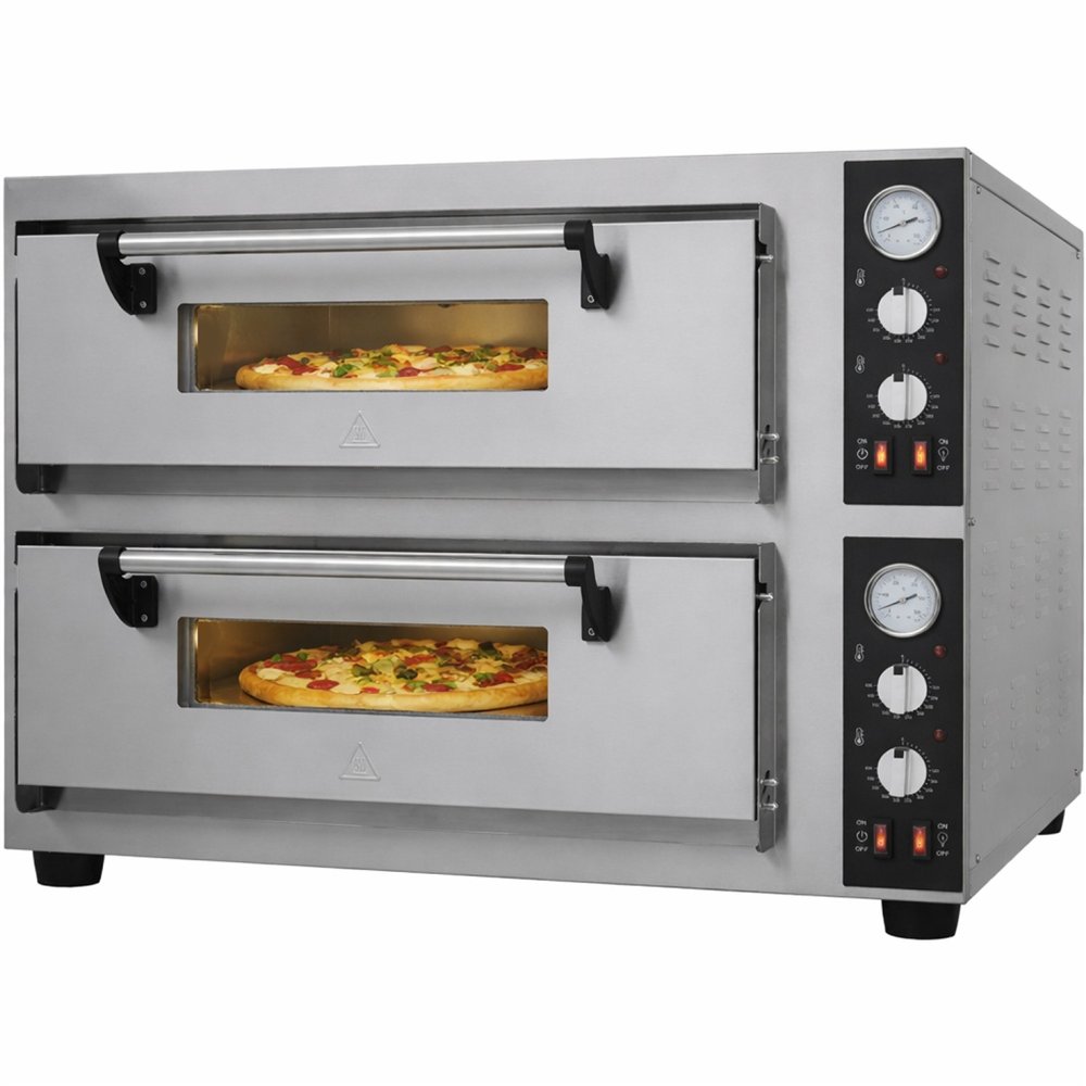 Professional Electric Pizza Oven with 2 Chambers, 500°C, 8.4kW, 400V for Commercial Kitchens - 500×500mm, 770×700×710mm, Mechani