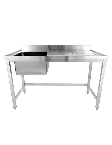 Professional Stainless Steel Single Sink with Left Bowl, Right Scrapping Hole & Splashback for Commercial Kitchens, 1500x600x950