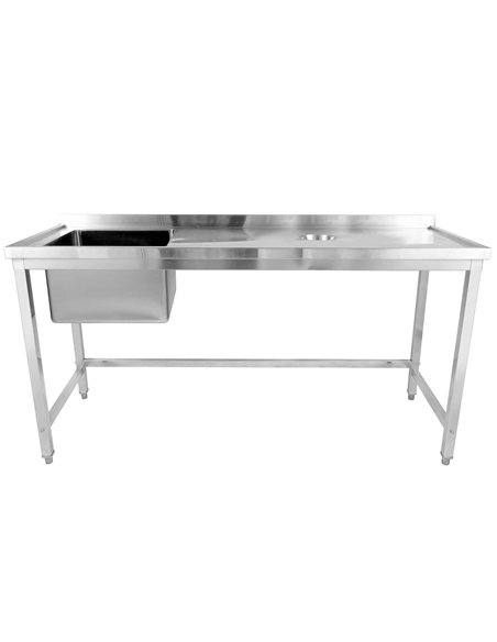 Professional Stainless Steel Single Sink with Left Bowl, Right Scrapping Hole & Splashback, 1800x600x950mm - Ideal for Commercia