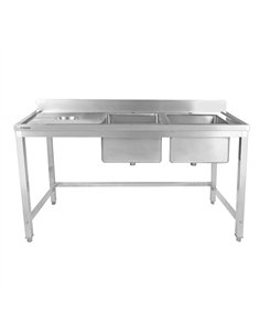 Professional Stainless Steel Double Sink with 2 Right Bowls, Left Scrapping Hole & Splashback for Commercial Kitchens, 1500x600x