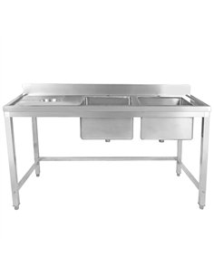 Professional Stainless Steel Double Sink with 2 Right Bowls, Left Scrapping Hole & Splashback 1800x600x950mm for Commercial Kitc
