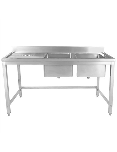 Professional Stainless Steel Double Sink with 2 Right Bowls, Left Scrapping Hole & Splashback 1800x600x950mm for Commercial Kitc
