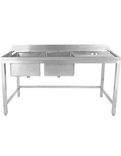 Professional Stainless Steel Double Sink with 2 Left Bowls, Right Scrapping Hole & Splashback for Commercial Kitchens, Size: 200