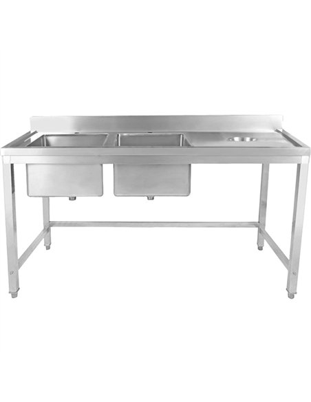 Professional Stainless Steel Double Sink with 2 Left Bowls, Right Scrapping Hole & Splashback for Commercial Kitchens, Size: 200