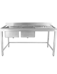 Professional Stainless Steel Double Sink with 2 Left Bowls, Right Scrapping Hole & Splashback for Commercial Kitchens, Size: 200