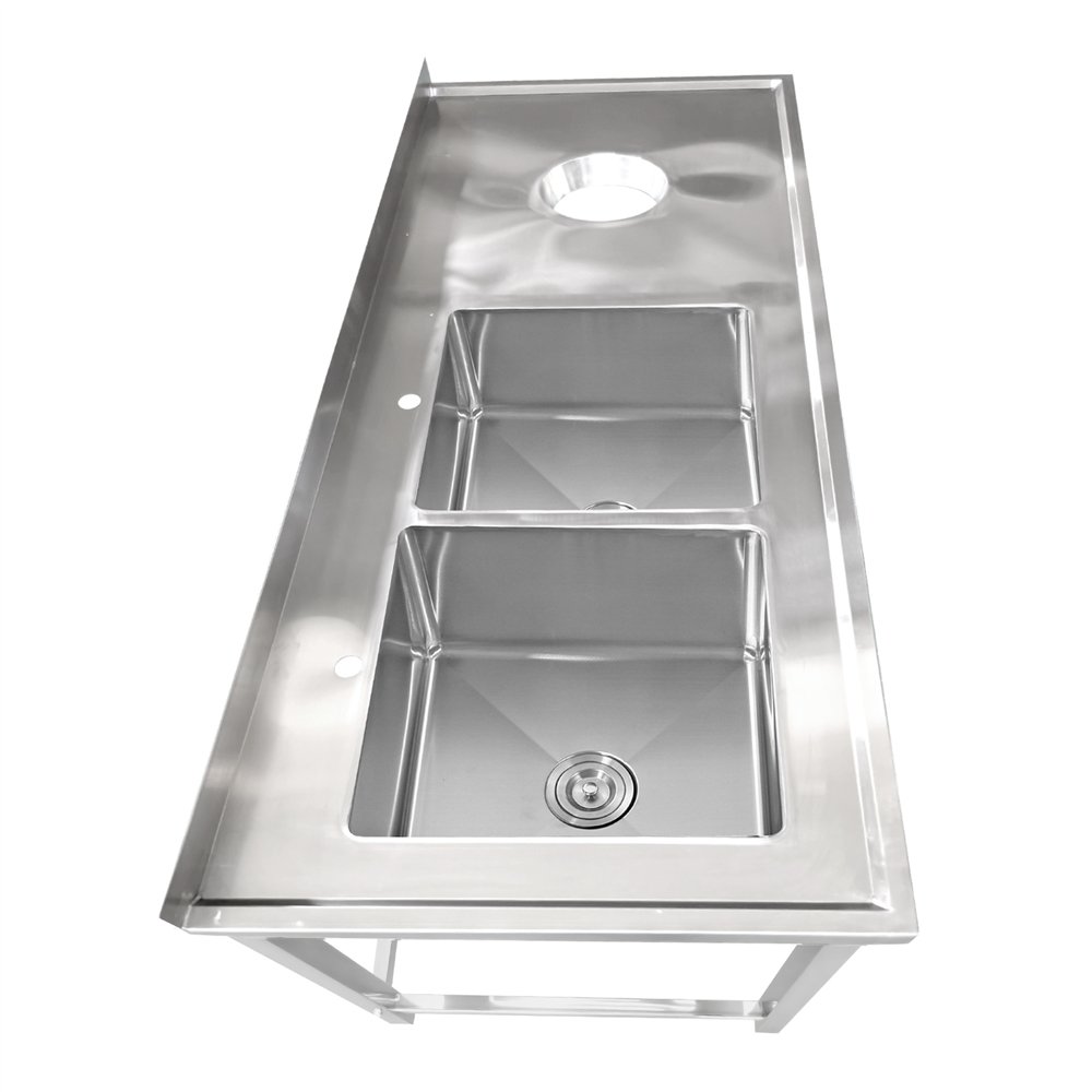 Professional Stainless Steel Double Sink with 2 Left Bowls, Right Scrapping Hole & Splashback for Commercial Kitchens, Size: 200