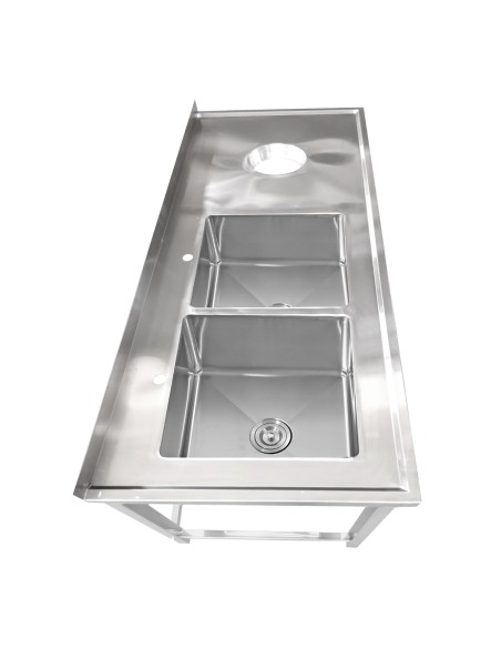 Professional Stainless Steel Double Sink with 2 Left Bowls, Right Scrapping Hole & Splashback for Commercial Kitchens, Size: 200