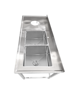 Professional Stainless Steel Double Sink with 2 Right Bowls, Left Scrapping Hole & Splashback for Commercial Kitchens, 2000x600x 2