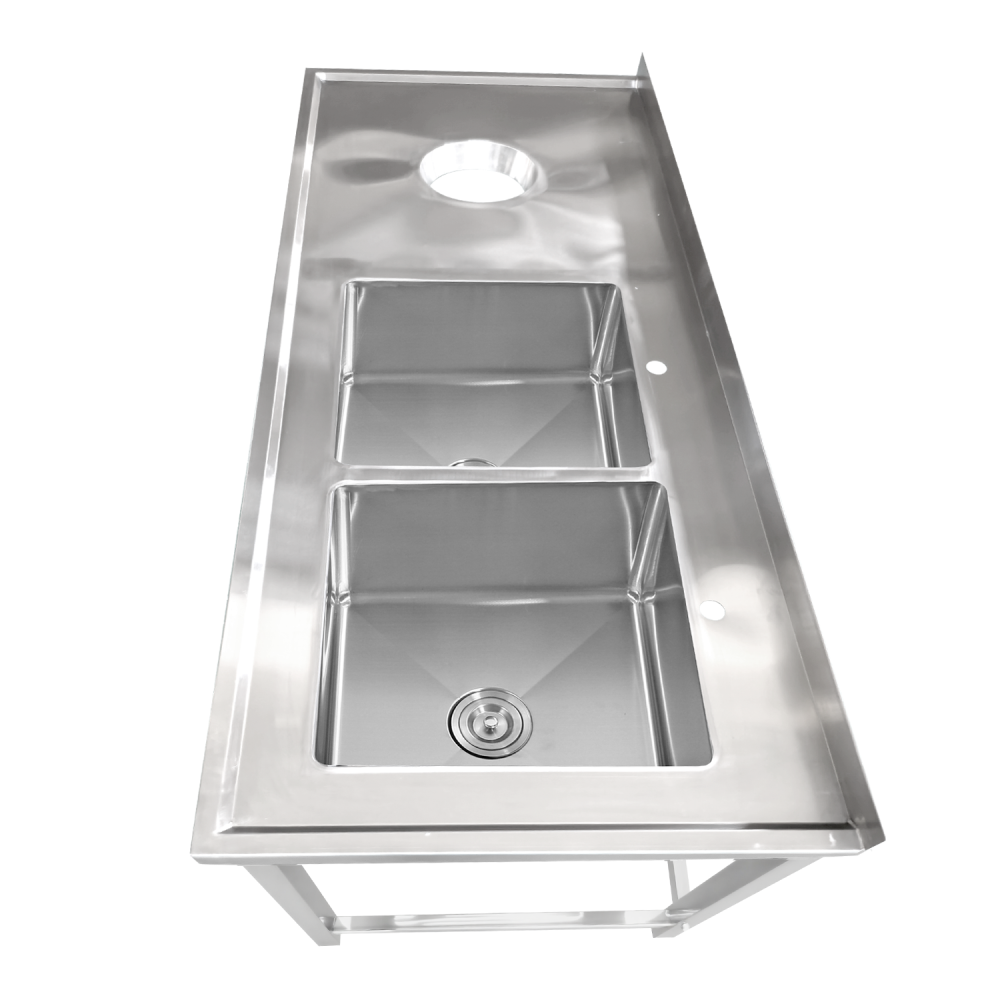 Professional Stainless Steel Double Sink with 2 Right Bowls, Left Scrapping Hole & Splashback for Commercial Kitchens, 2000x600x