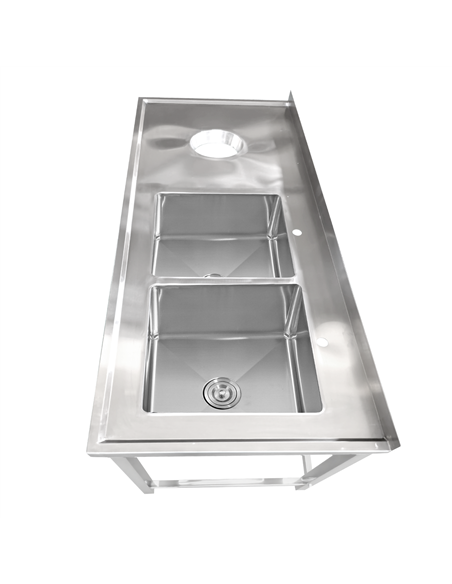 Professional Stainless Steel Double Sink with 2 Right Bowls, Left Scrapping Hole & Splashback for Commercial Kitchens, 2000x600x