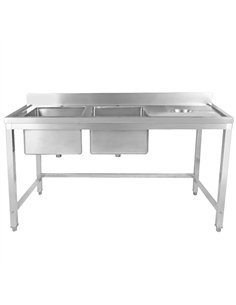 Professional Stainless Steel Double Sink with 2 Left Bowls, Right Scrapping Hole & Splashback 1800x600x950mm for Commercial Kitc