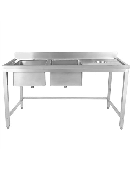 Professional Stainless Steel Double Sink with 2 Left Bowls, Right Scrapping Hole & Splashback 1800x600x950mm for Commercial Kitc