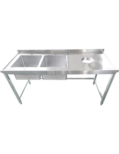 Professional Stainless Steel Double Sink with 2 Left Bowls, Right Scrapping Hole & Splashback 1800x700x950mm - Ideal for Commerc