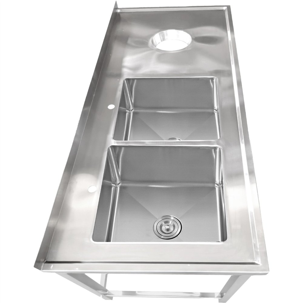 Professional Stainless Steel Double Sink with 2 Left Bowls, Right Scrapping Hole & Splashback 1800x700x950mm - Ideal for Commerc