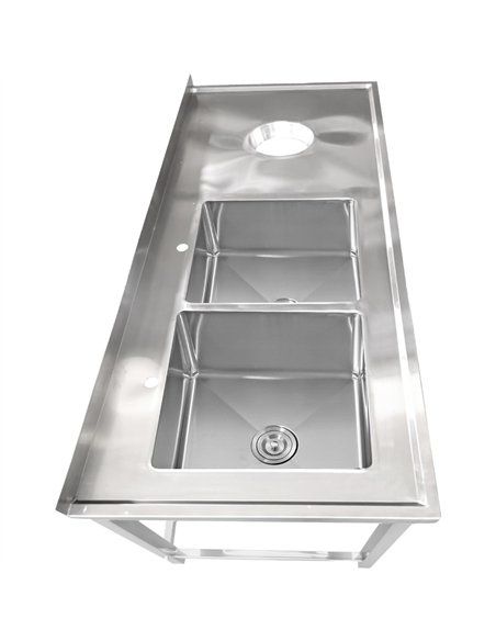 Professional Stainless Steel Double Sink with 2 Left Bowls, Right Scrapping Hole & Splashback 1800x700x950mm - Ideal for Commerc