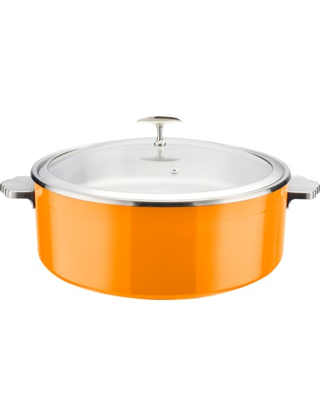 Professional Tri-Ply Stainless Steel 4.5L Casserole with Glass Lid & Ceramic Food Pan, Orange - Ideal for Commercial Kitchens