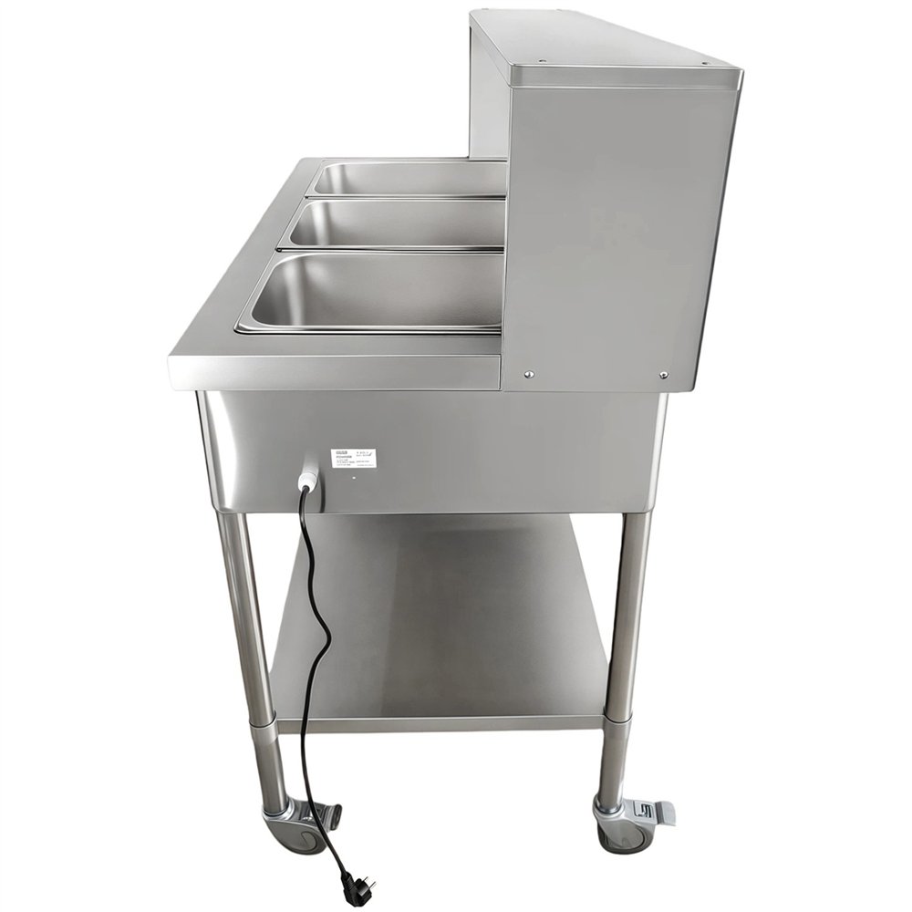 Mobile Bain Marie Food Warmer Table with Overshelf 3×GN1/1 Stainless Steel 1150×680×1350mm | Professional CS25PFD12070