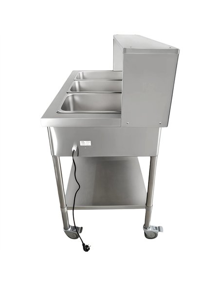 Mobile Bain Marie Food Warmer Table with Overshelf 3×GN1/1 Stainless Steel 1150×680×1350mm | Professional CS25PFD12070