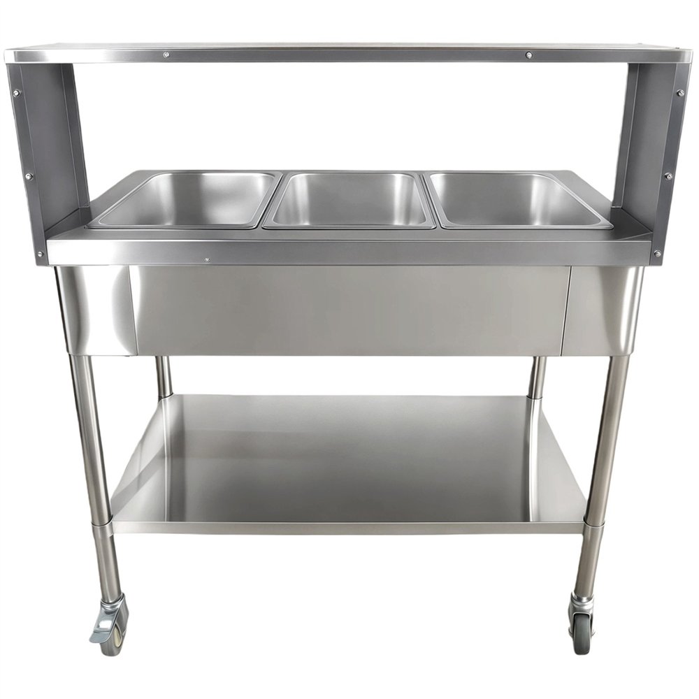 Mobile Bain Marie Food Warmer Table with Overshelf 3×GN1/1 Stainless Steel 1150×680×1350mm | Professional CS25PFD12070