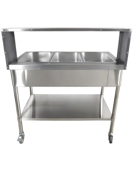 Mobile Bain Marie Food Warmer Table with Overshelf 3×GN1/1 Stainless Steel 1150×680×1350mm | Professional CS25PFD12070