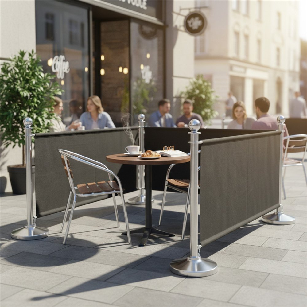 Commercial Queue Barrier Set with 2 Silver Ball Top Posts and Black Canvas Panel | Professional CS25BBP02ACB