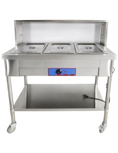 Professional Stainless Steel Mobile Bain Marie Food Warmer Table with Overshelf, 3×GN1/1, 1150×680×1350mm - Ideal for Commercial