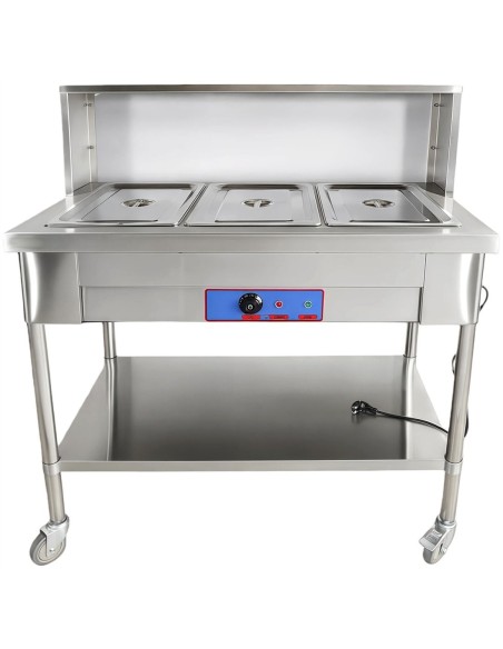 Professional Stainless Steel Mobile Bain Marie Food Warmer Table with Overshelf, 3×GN1/1, 1150×680×1350mm - Ideal for Commercial