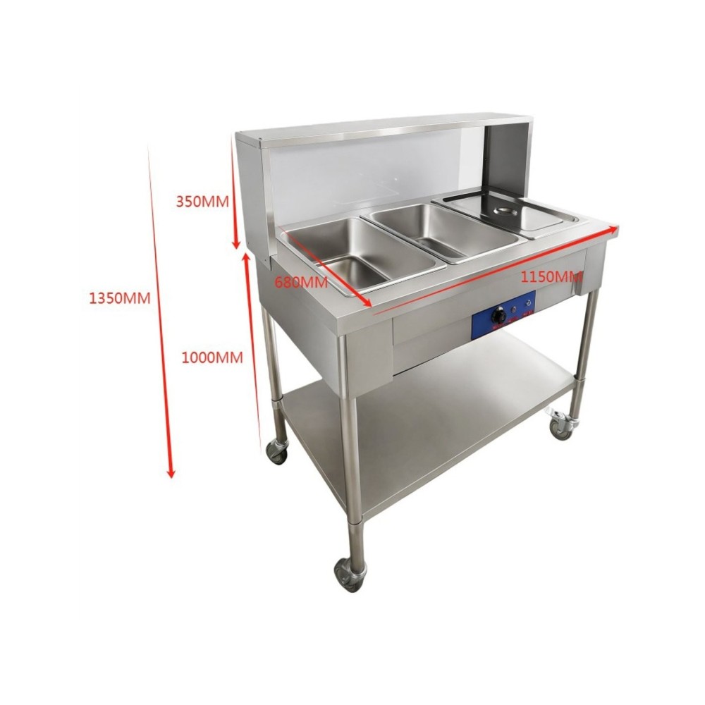 Professional Stainless Steel Mobile Bain Marie Food Warmer Table with Overshelf, 3×GN1/1, 1150×680×1350mm - Ideal for Commercial