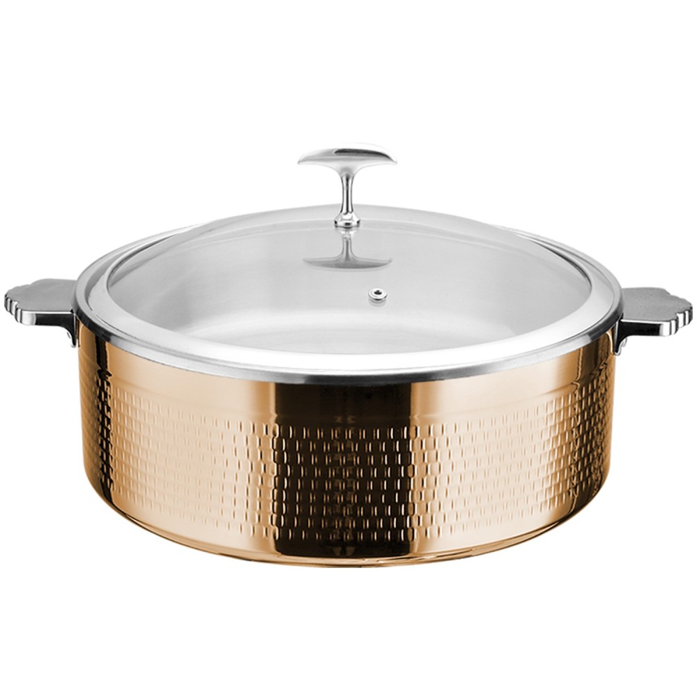 Professional Hammered Triple-Layer Stainless Steel 9.6L Casserole with Glass Lid, Copper Finish - Ideal for Commercial Kitchens