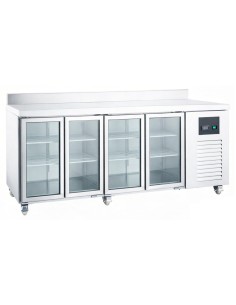 Professional 608 Ltr 4 Door Stainless Steel Refrigerated Prep Counter with Glass Doors & Flat Top for Commercial Kitchens