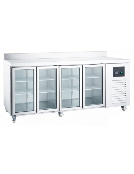 Professional 608 Ltr 4 Door Stainless Steel Refrigerated Prep Counter with Glass Doors & Flat Top for Commercial Kitchens