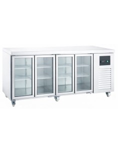 Professional 608 Ltr 4 Door Stainless Steel Refrigerated Prep Counter with Glass Doors & Flat Top for Commercial Kitchens