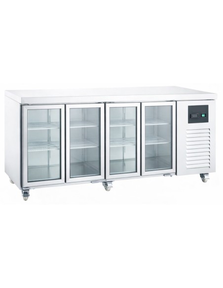 Professional 608 Ltr 4 Door Stainless Steel Refrigerated Prep Counter with Glass Doors & Flat Top for Commercial Kitchens