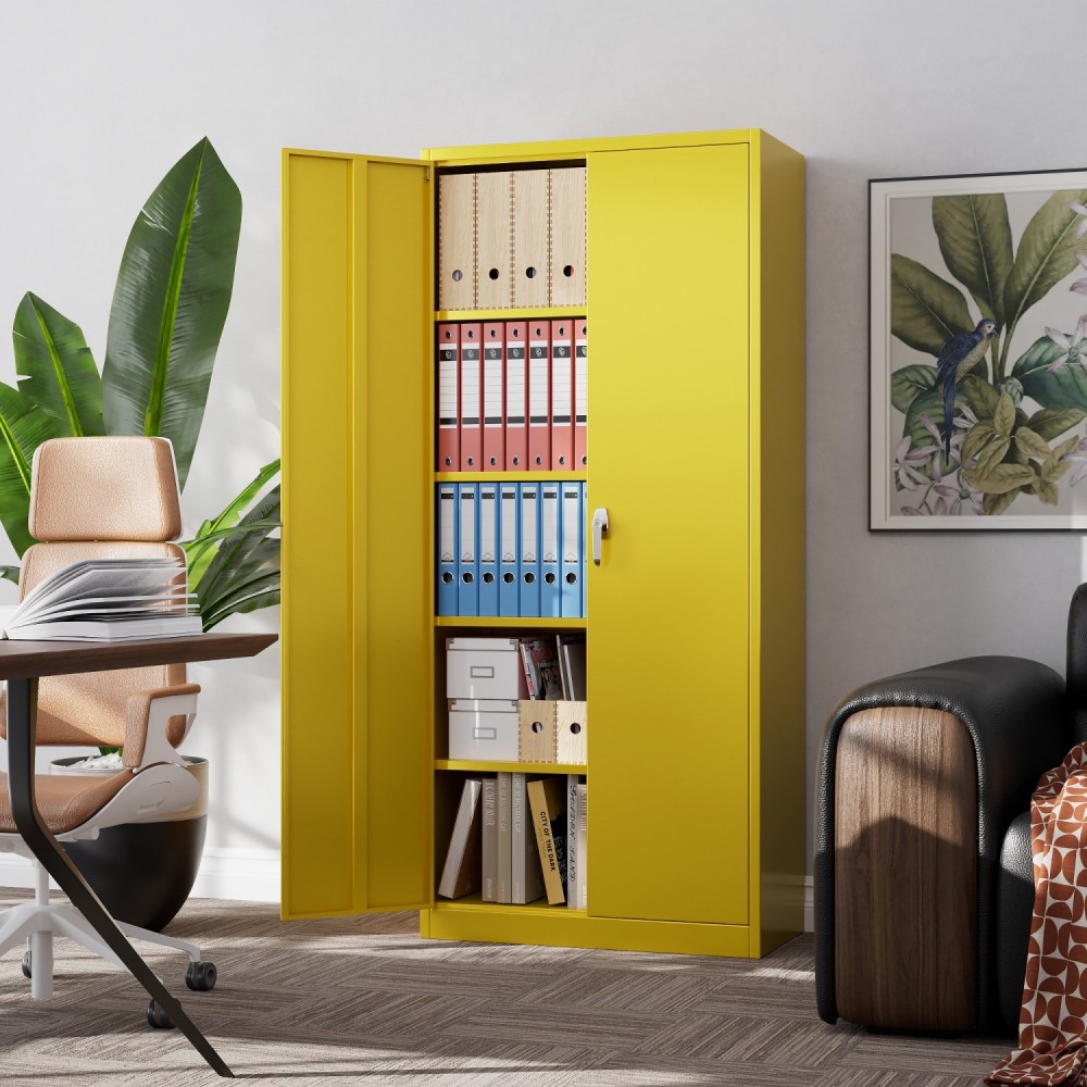 Professional Heavy Duty Steel Upright Storage Cabinet with Double Locking Doors, Yellow - Ideal for Commercial Kitchens