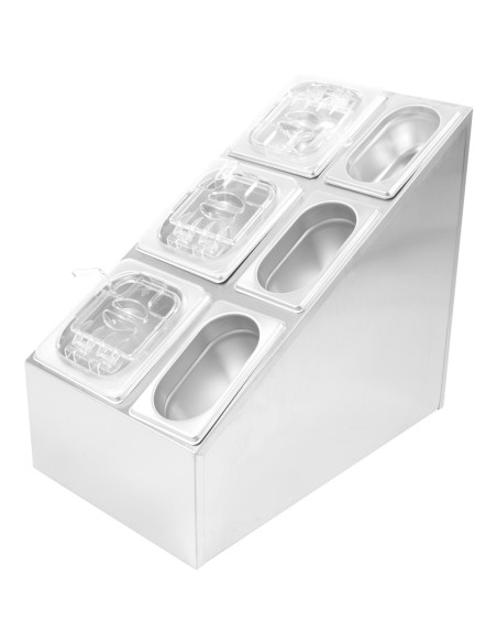 Commercial Condiment Pan Holder including 3xGN1/6  3xGN1/9 pans with recess lids ladles | Stalwart DA-CHM01