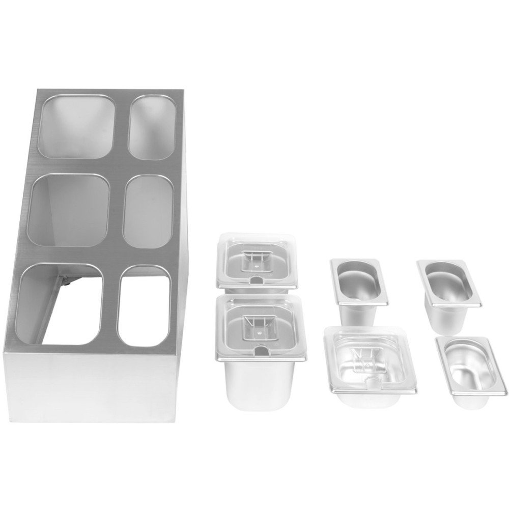 Commercial Condiment Pan Holder including 3xGN1/6  3xGN1/9 pans with recess lids ladles | Stalwart DA-CHM01