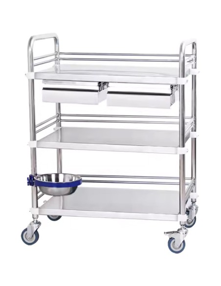 Professional 3 Tier Medical Trolley 2 Drawers Stainless Steel 600x400x860mm | Stalwart DA-WHSS3T6040D2