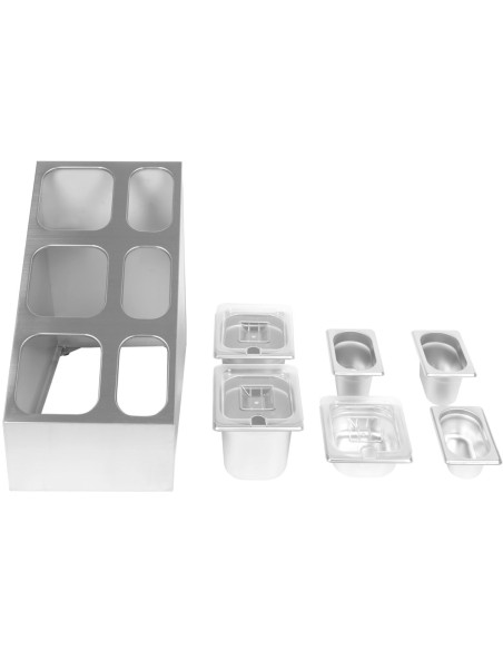Commercial Condiment Pan Holder including 3xGN1/6  3xGN1/9 pans with recess lids ladles | Stalwart DA-CHM01D