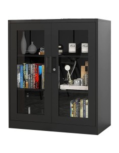 Commercial Metal Black Storage Cabinet with Glass doors 900x400x900mm | Stalwart DA-MYOC03BLACK