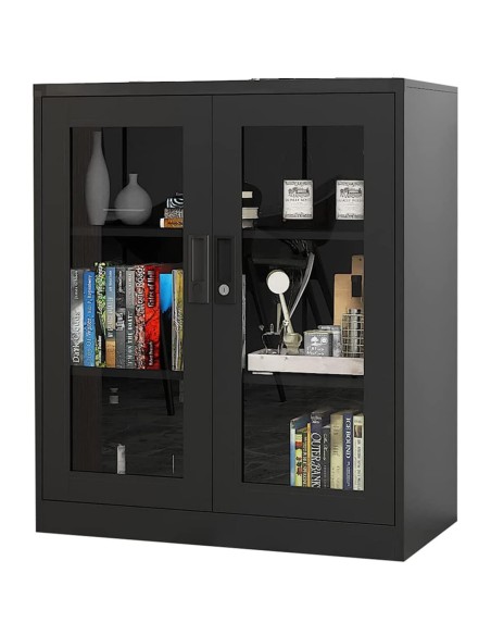Commercial Metal Black Storage Cabinet with Glass doors 900x400x900mm | Stalwart DA-MYOC03BLACK