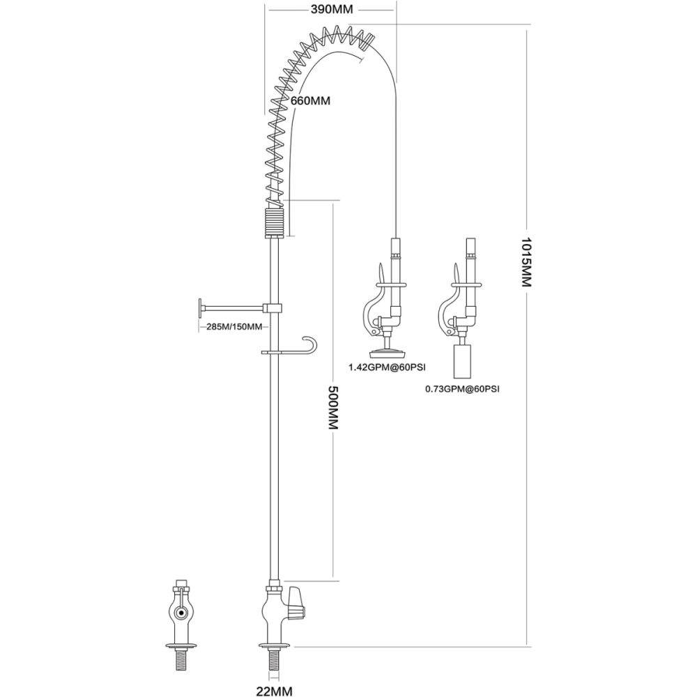 Pre Rinse Spray Unit Deck mount Single inlet Height 1000mm Stainless steel | Stalwart EQ2803A