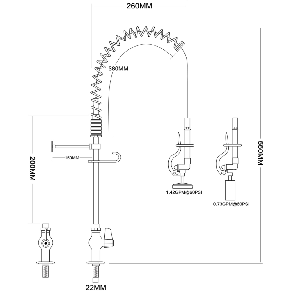 Pre Rinse Spray Unit Deck mount Single inlet Height 600mm Stainless steel | DA-EQ7803A
