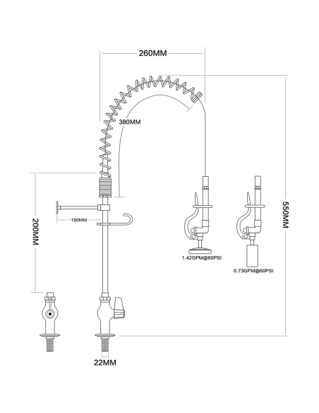 Pre Rinse Spray Unit Deck mount Single inlet Height 600mm Stainless steel | DA-EQ7803A