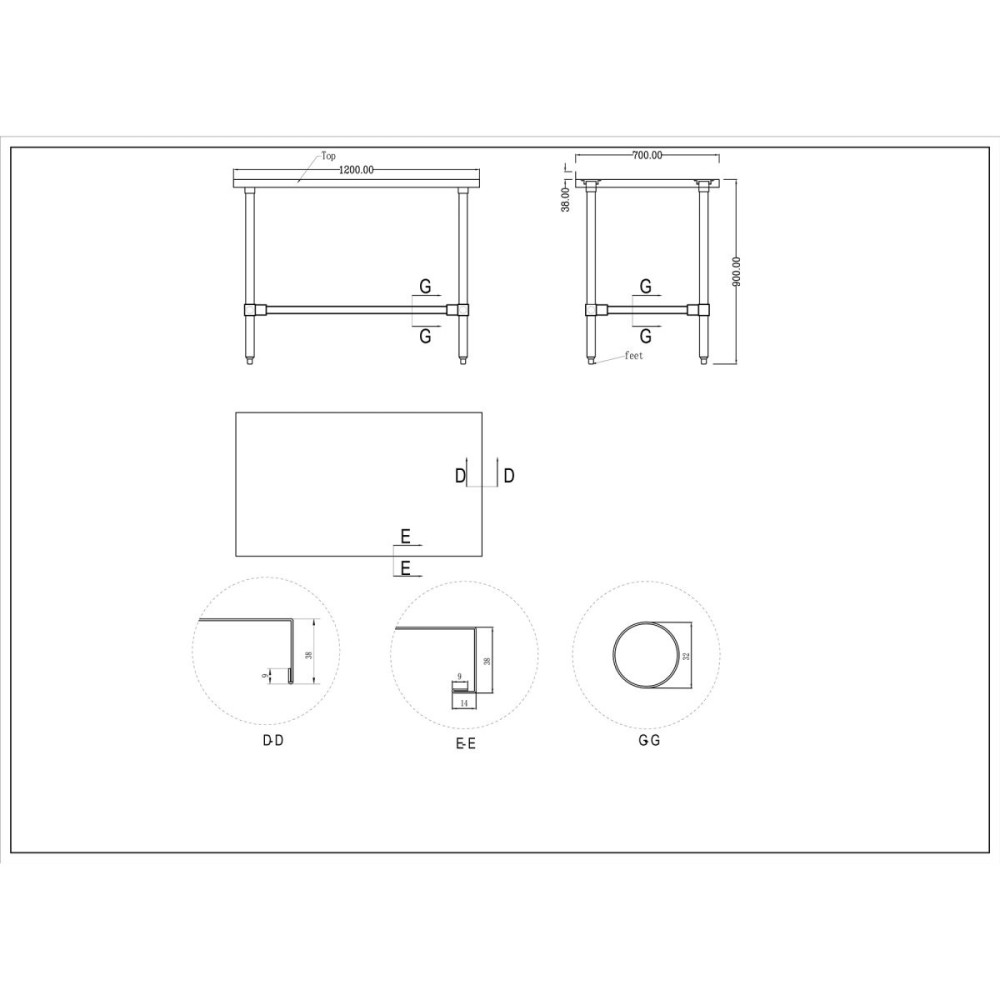 Commercial Stainless Steel Work Table No Bottom shelf with Upstand 1200x700x900mm | Stalwart DA-WT70120GBNU