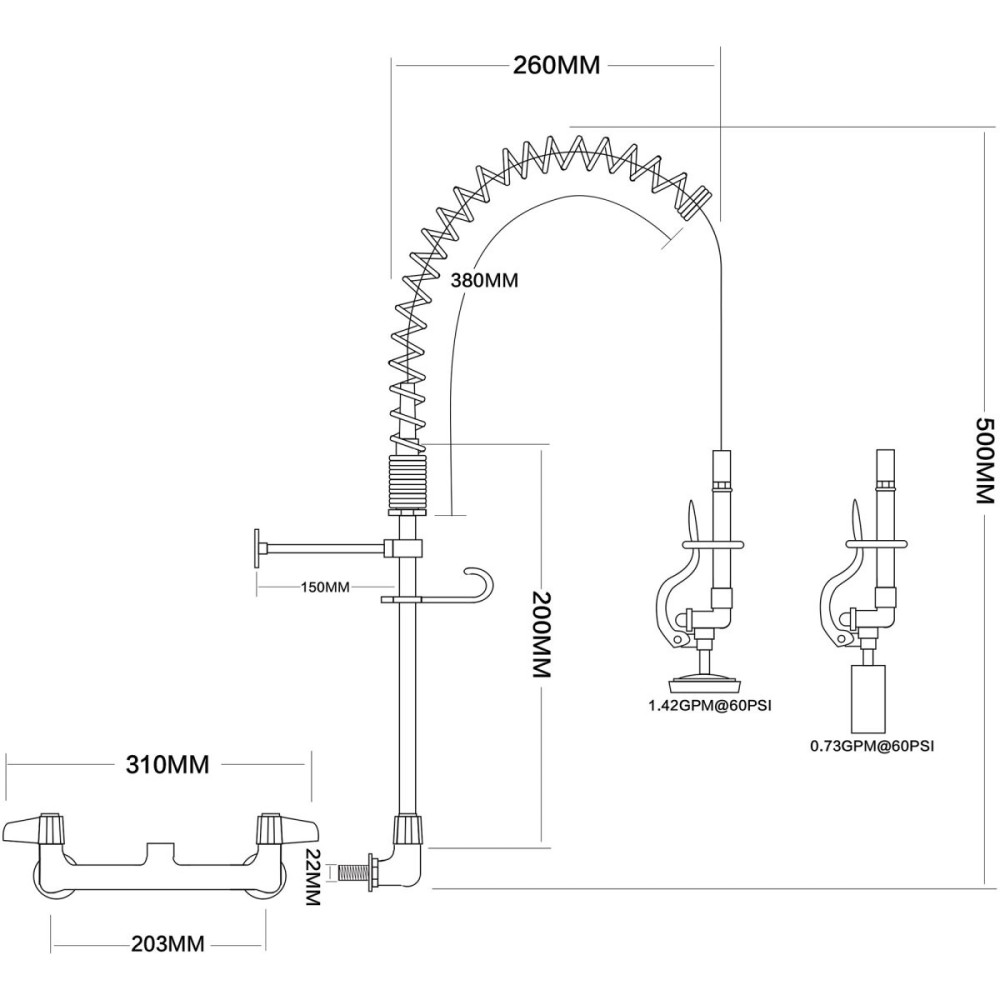 Pre Rinse Spray Unit Wall mount Double inlet Height 500mm Stainless steel | Stalwart DA-EQ7802A