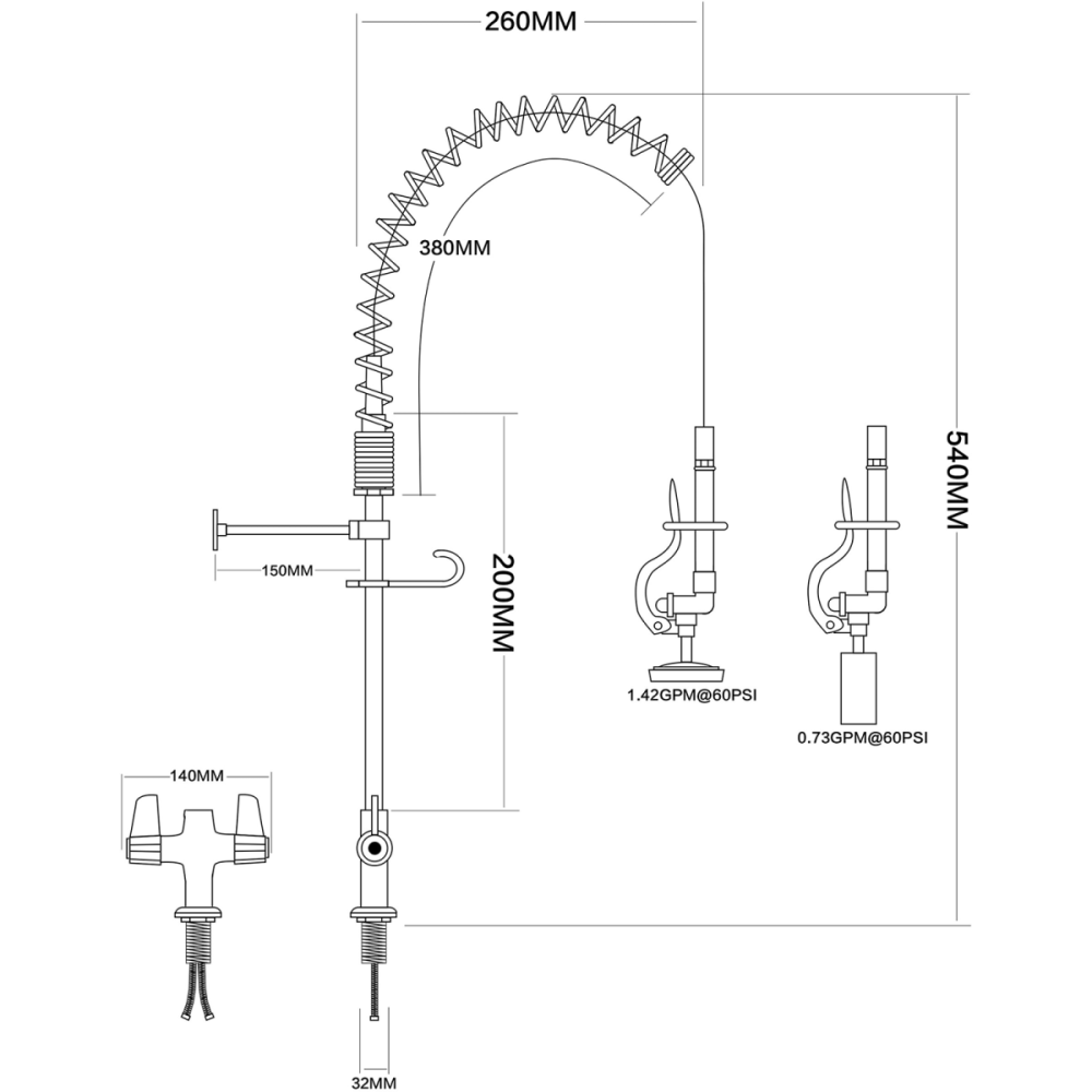 Pre Rinse Spray Unit Deck mount Double inlet Height 600mm Stainless steel | DA-EQ7801A