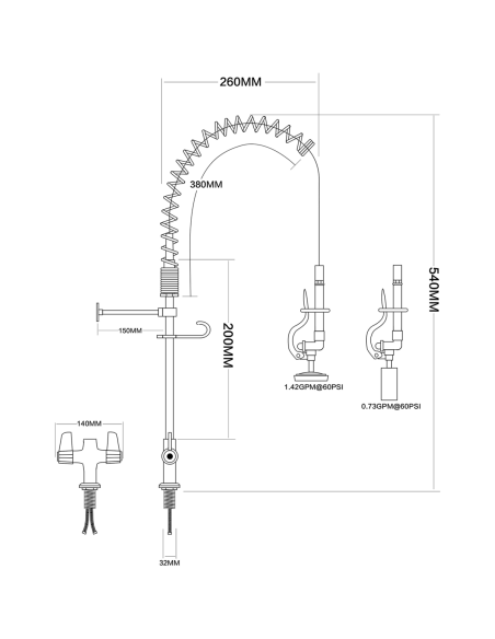 Pre Rinse Spray Unit Deck mount Double inlet Height 600mm Stainless steel | DA-EQ7801A