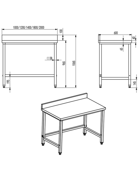Professional Work table Stainless steel No bottom shelf Upstand 1000x600x965mm | DA-DW6100