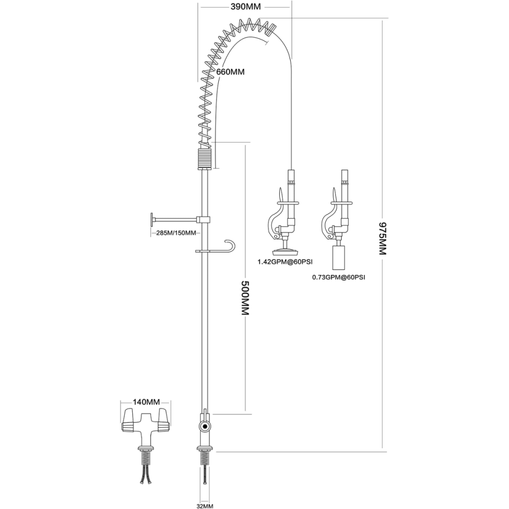 Pre Rinse Spray Unit Deck mount Double inlet Height 1000mm Stainless steel | Stalwart EQ2801A