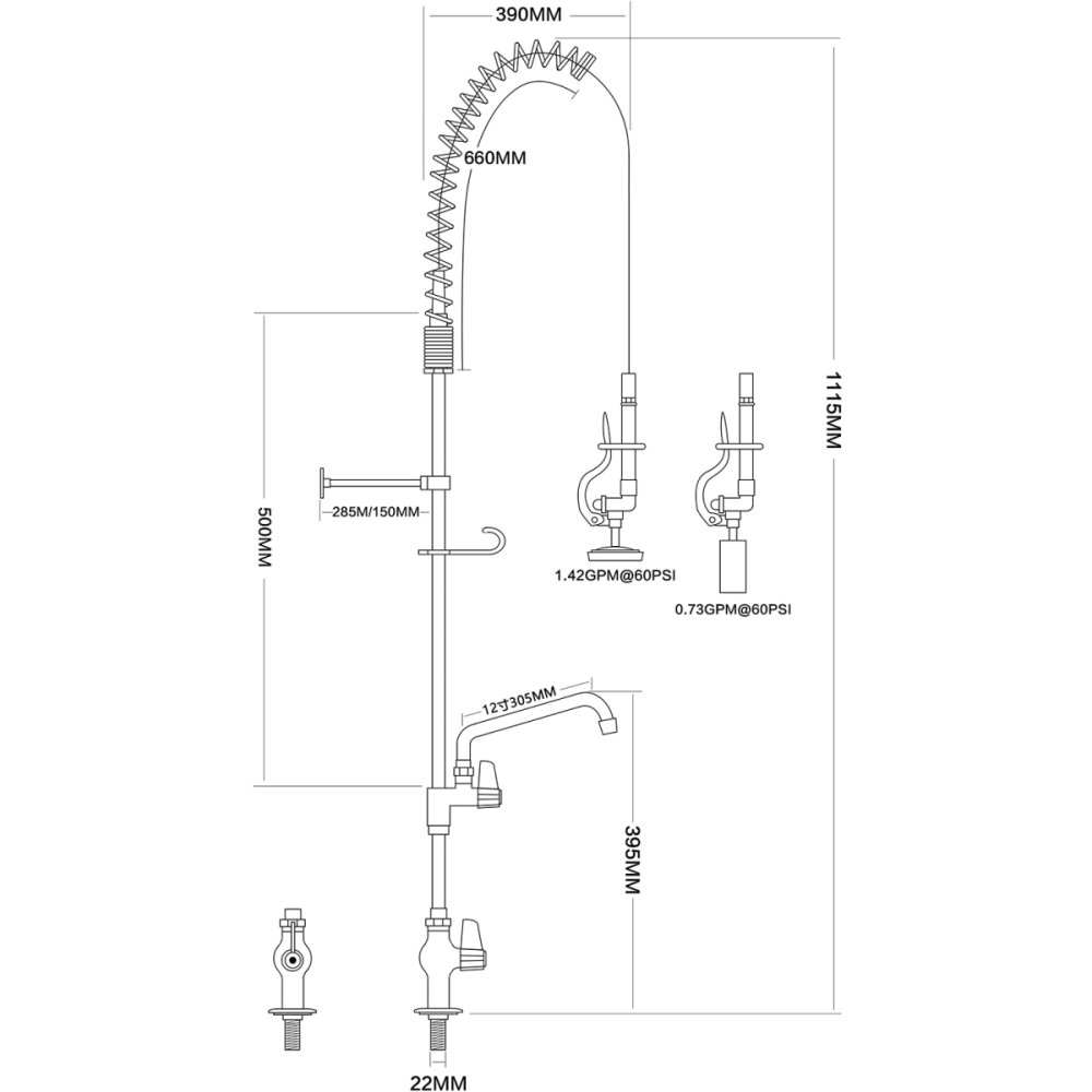 Pre Rinse Spray Unit with Swing faucet Deck mount Single inlet Height 1000mm Stainless steel | Stalwart EQ2803A12